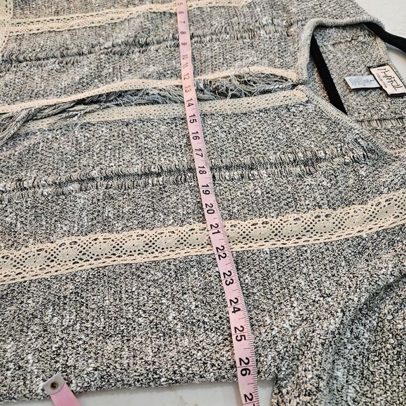 Mary McFadden Open Front Cardigan Large Boho Fringe Lace Tweed Gray - Picture 9 of 9